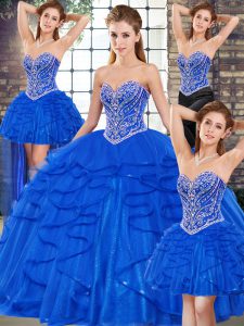 Royal Blue Sweetheart Lace Up Beading and Ruffles 15 Quinceanera Dress Sleeveless
