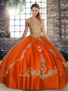Orange Red Ball Gowns Off The Shoulder Sleeveless Tulle Floor Length Lace Up Beading and Embroidery Sweet 16 Dresses