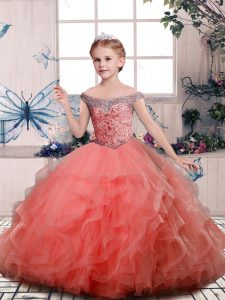 Customized Floor Length Lace Up Kids Formal Wear Peach for Party and Sweet 16 and Wedding Party with Beading and Ruffles