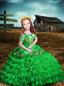 Green Kids Pageant Dress Wedding Party with Embroidery and Ruffled Layers Off The Shoulder Short Sleeves Lace Up