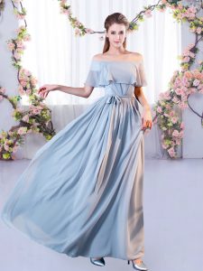 Short Sleeves Chiffon Floor Length Lace Up Quinceanera Court Dresses in Grey with Belt