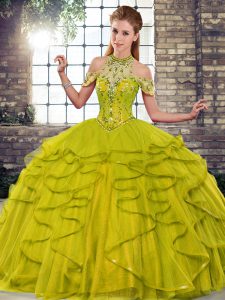 Colorful Olive Green Lace Up Sweet 16 Quinceanera Dress Beading and Ruffles Sleeveless Floor Length