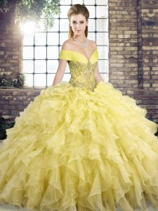 Glorious Yellow Ball Gowns Organza Off The Shoulder Sleeveless Beading and Ruffles Lace Up 15 Quinceanera Dress Brush Train
