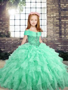Pretty Apple Green Ball Gowns Organza Straps Sleeveless Beading and Ruffles Floor Length Lace Up Little Girl Pageant Dress