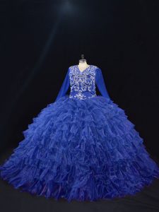 Deluxe Floor Length Royal Blue Sweet 16 Dress Organza Long Sleeves Beading and Ruffled Layers