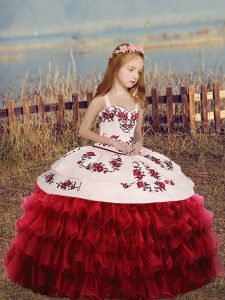 Floor Length Red Little Girl Pageant Dress Straps Long Sleeves Lace Up