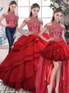 Flare Three Pieces Sleeveless Red Sweet 16 Dress Lace Up