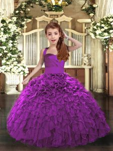 Custom Fit Floor Length Ball Gowns Sleeveless Purple Little Girls Pageant Dress Lace Up