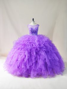 High End Purple Lace Up Sweet 16 Dress Beading and Ruffles Sleeveless Floor Length