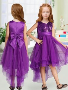 Amazing Purple Little Girls Pageant Dress Wholesale Wedding Party with Sequins and Bowknot Scoop Sleeveless Zipper
