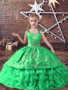 Charming Satin and Organza Straps Sleeveless Lace Up Embroidery and Ruffled Layers Kids Pageant Dress in Green