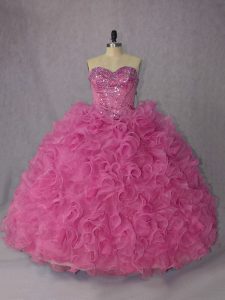 Lace Up Sweet 16 Quinceanera Dress Rose Pink for Sweet 16 and Quinceanera with Beading and Ruffles Brush Train