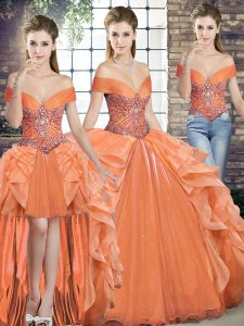Pretty Orange Lace Up Off The Shoulder Beading and Ruffles Quince Ball Gowns Organza Sleeveless