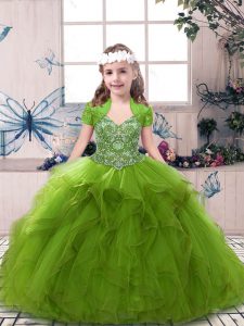 Exquisite Olive Green Ball Gowns Beading Little Girl Pageant Dress Lace Up Tulle Sleeveless Floor Length