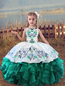 High Quality Sleeveless Organza Floor Length Lace Up Little Girls Pageant Dress Wholesale in Turquoise with Embroidery and Ruffles