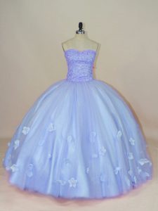 Top Selling Lavender Ball Gowns Tulle Sweetheart Sleeveless Beading and Hand Made Flower Floor Length Side Zipper Sweet 16 Dress