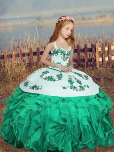 Fancy Organza Straps Sleeveless Lace Up Embroidery and Ruffles Little Girls Pageant Dress in Turquoise