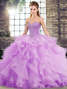 Exquisite Brush Train Ball Gowns Ball Gown Prom Dress Lavender Sweetheart Tulle Sleeveless Lace Up