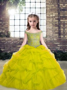Tulle Off The Shoulder Sleeveless Lace Up Beading Little Girl Pageant Dress in Green