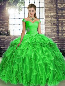 Green Ball Gown Prom Dress Off The Shoulder Sleeveless Brush Train Lace Up