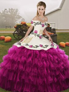 Fine Fuchsia Sleeveless Floor Length Embroidery and Ruffled Layers Lace Up Quinceanera Dresses