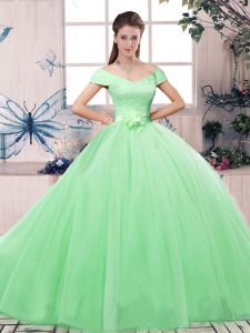 Floor Length Apple Green Ball Gown Prom Dress Tulle Short Sleeves Lace and Hand Made Flower