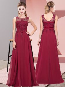 Sleeveless Chiffon Floor Length Zipper Dama Dress for Quinceanera in Burgundy with Beading and Appliques