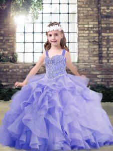 Lavender Lace Up Straps Beading and Ruffles Kids Formal Wear Organza Sleeveless