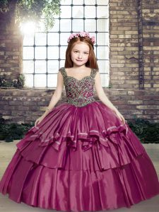 Fuchsia Sleeveless Floor Length Beading Lace Up Little Girls Pageant Dress Wholesale