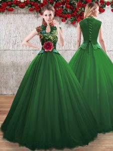 Most Popular Green A-line Hand Made Flower Quinceanera Gowns Lace Up Tulle Sleeveless Floor Length
