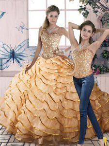 Lace Up Sweet 16 Dress Gold for Sweet 16 and Quinceanera with Beading and Ruffled Layers Brush Train