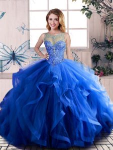 Super Royal Blue Quinceanera Dress Sweet 16 and Quinceanera with Beading and Ruffles Scoop Sleeveless Lace Up