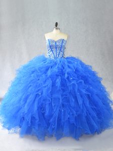 Blue Tulle Lace Up Quinceanera Dress Sleeveless Floor Length Beading and Ruffles