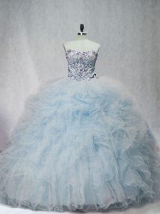 Sleeveless Beading and Ruffles Lace Up Quince Ball Gowns with Light Blue Brush Train