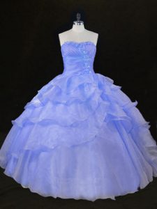 Wonderful Blue and Lavender Sleeveless Ruffles and Hand Made Flower Floor Length 15th Birthday Dress
