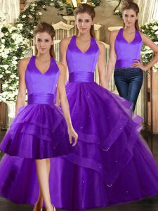 Purple Three Pieces Ruffles Quinceanera Dress Lace Up Tulle Sleeveless Floor Length