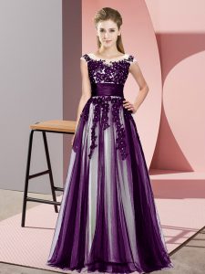 Discount Dark Purple Tulle Zipper Dama Dress for Quinceanera Sleeveless Floor Length Beading and Lace