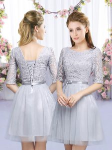 Grey Empire Lace and Belt Quinceanera Court of Honor Dress Lace Up Tulle Half Sleeves Mini Length