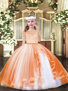 Nice Orange Tulle Zipper Little Girl Pageant Dress Sleeveless Floor Length Lace
