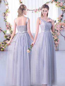 Captivating Grey Empire Tulle V-neck Sleeveless Lace and Belt Floor Length Side Zipper Quinceanera Court Dresses