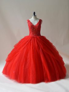 Floor Length Zipper Sweet 16 Quinceanera Dress Red for Sweet 16 and Quinceanera with Beading