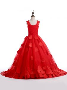 Fancy Lace Up Kids Pageant Dress Red for Wedding Party with Appliques Brush Train