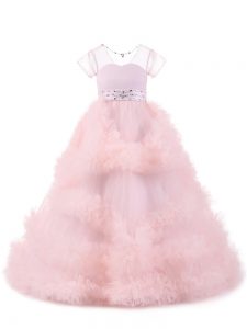 Baby Pink V-neck Neckline Beading and Ruffles Kids Pageant Dress Short Sleeves Backless