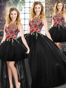 Elegant Floor Length Black Ball Gown Prom Dress Sleeveless Embroidery