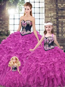 Romantic Fuchsia Sleeveless Embroidery and Ruffles Lace Up Quinceanera Dress
