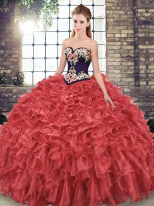 Sweet Sweetheart Sleeveless Organza Sweet 16 Quinceanera Dress Embroidery and Ruffles Sweep Train Lace Up