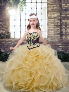 Champagne Tulle Lace Up Straps Sleeveless Floor Length Little Girl Pageant Dress Embroidery and Ruffles