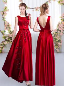 Satin Scoop Sleeveless Backless Beading and Appliques Dama Dress in Red