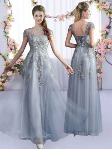 Cute Grey Cap Sleeves Lace Floor Length Court Dresses for Sweet 16