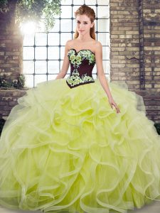 Yellow Green Sleeveless Embroidery and Ruffles Lace Up Ball Gown Prom Dress